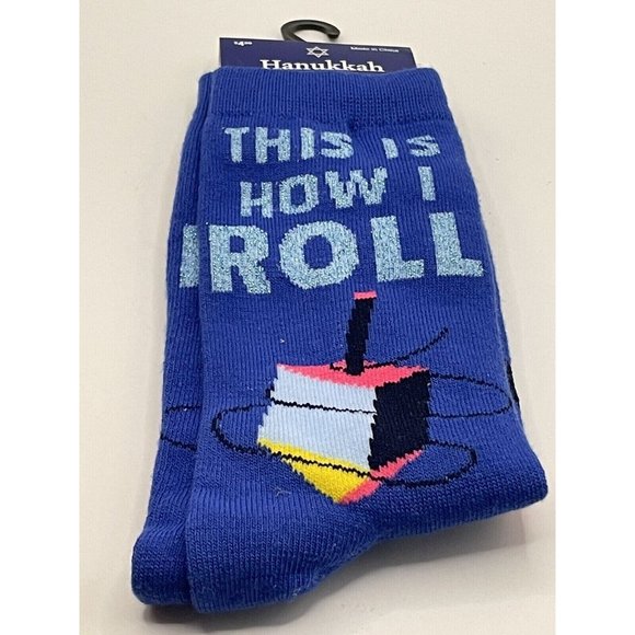 Happy Hanukkah Adult Crew Socks Dreidel Jewish Holiday Gift size 4 10 How I roll - Picture 4 of 4